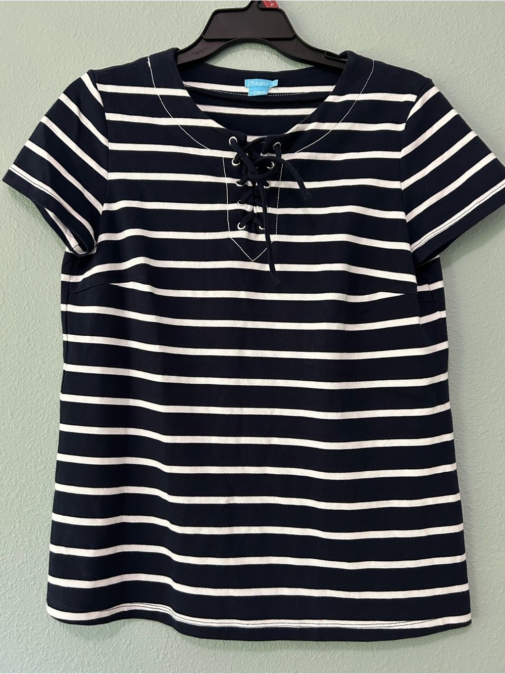 J. McLaughlin Navy and White Striped Lace-Up Tee